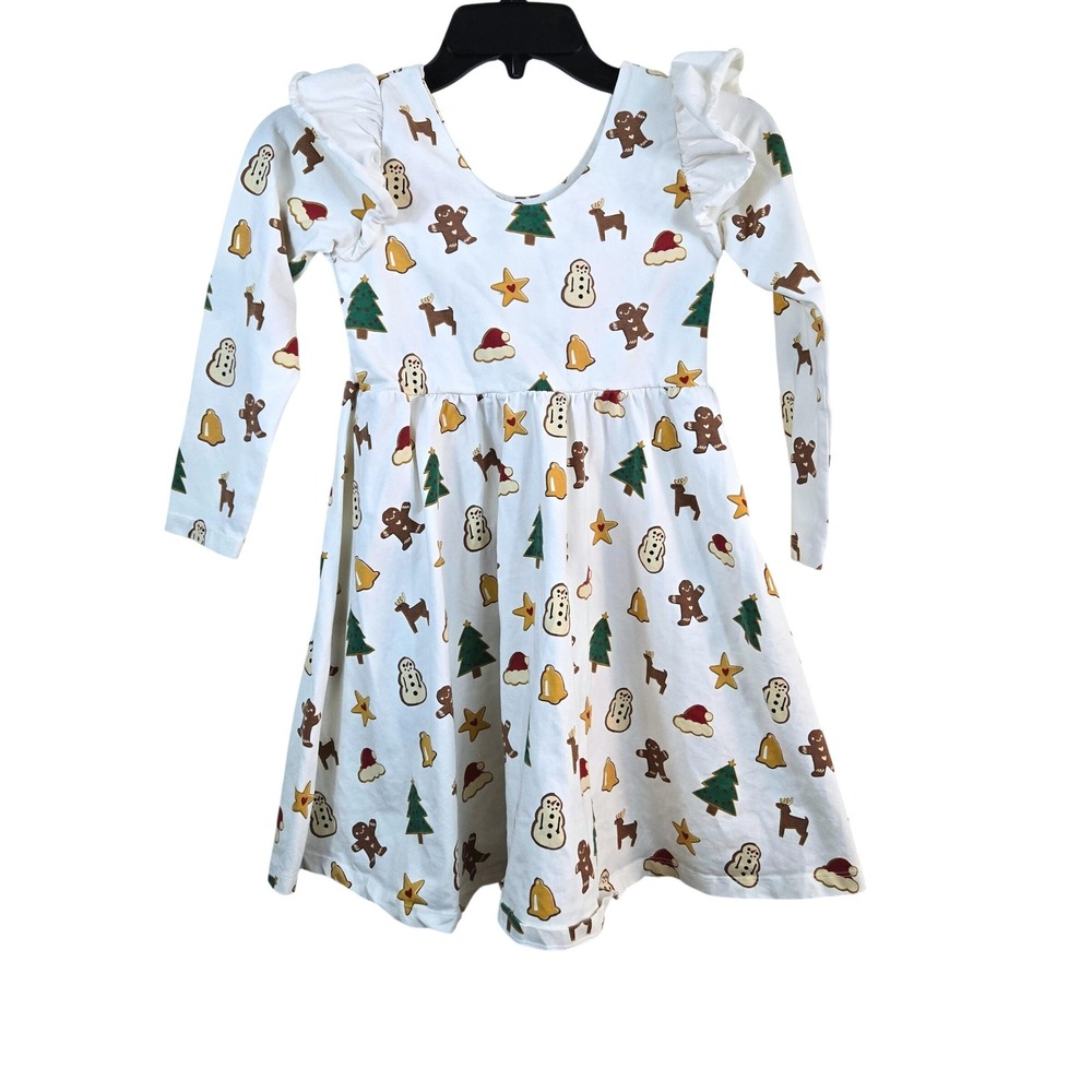 Monica & Andy Girls Ivory Long Sleeve Ruffle Holiday Cookie Sheet Print Dress 10